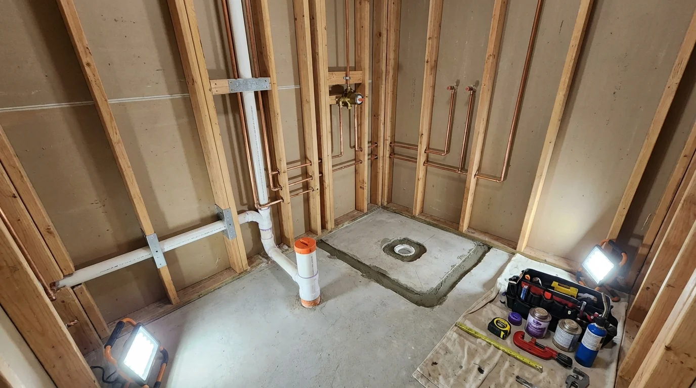 Bathroom rough-in plumbing during remodel by Johns Plumbing LLC in Pennsauken