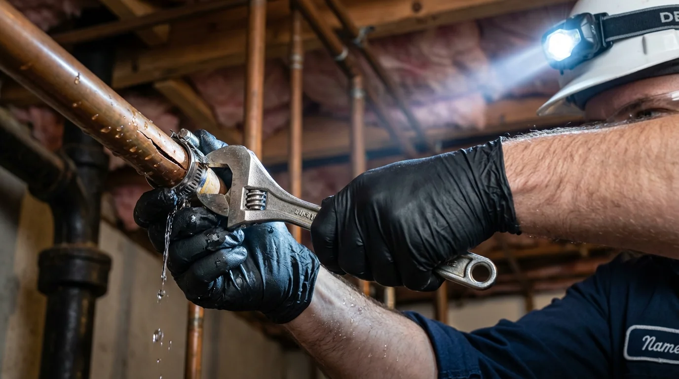 Emergency pipe clamp repair being performed by a Johns Plumbing LLC plumber in Pennsauken