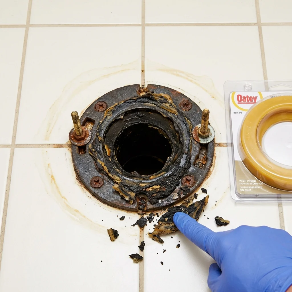 Failed wax ring showing water seepage at the base of a toilet in a Pennsauken, NJ home