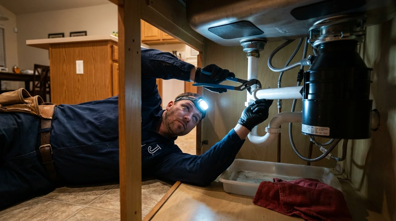 P-trap and supply line connections under a kitchen sink showing a common leak point in Pennsauken, NJ